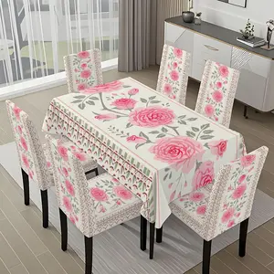 5/7-piece 2D Flat Printing Happy Spring Pink and White Roses Printing Pattern Tablecloth and Chair Cover Set, for dining table and chair decoration, perfect for home, holiday gatherings, restaurants, and parties.