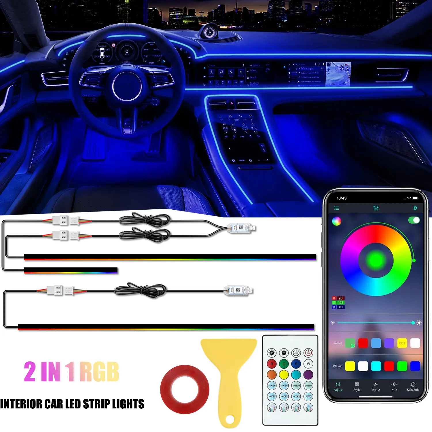 Interior Car LED Strip Lights, 2 in 1 RGB Ambient Acrylic LED Lighting Kit, Music Mode Inside Car Lighting Decorations APP and RF Remote Control