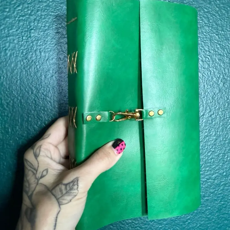 Hand crafted, hand sewn faux leather journal - green and gold