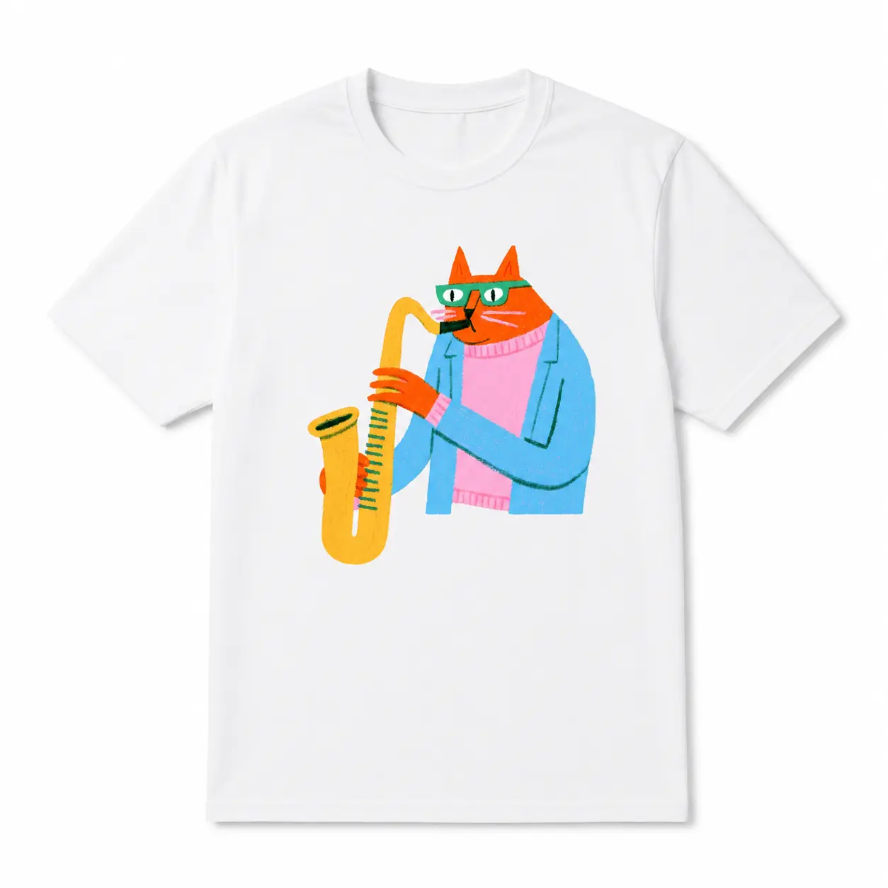 Unisex Cool Orange Cat Playing Saxophone Graphic T-Shirt - White, Blue, Pink, Yellow Print - Short Sleeve Crew Neck Soft Breathable Cotton Casual Streetwear Tee - Jazzy Music Lover Outfit - Men's, Women's - 2695, Shortsleeve