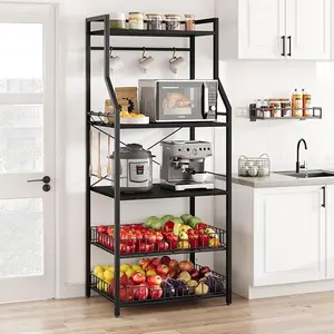 Kitchen Bakers Rack, Microwave Oven Stand with 2 Large Wire Basket, Industrial Coffee Bar Station, 5-Tier Kitchen Utility Storage Shelf with 8 Hooks for Spice, Pots Organizer