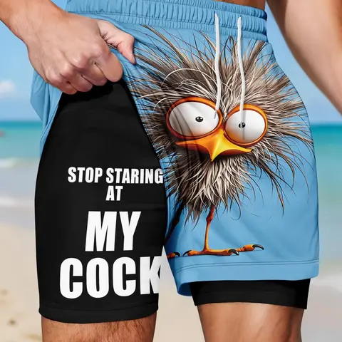 Men's Double-Layer Beach Shorts, Funny Quirky Bird Print Anti-Chafe Liner 2-in-1 Straight Shorts, Elastic Drawstring Waist, Outdoor Training Running Summer Casual Vacation Swim Trunks, Printed Swim Trunks, Swimwear Shorts
