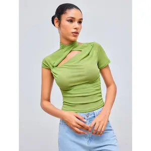 Cider [size 2-10] High Neck Solid Backless Cut Out Ruched Short Sleeve Top