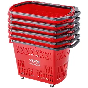 VEVOR Shopping Baskets, 6PCS, 39L Shopping Carts with Handles, Plastic Rolling Shopping Basket with Wheels, Large Portable Shopping Basket Set for Supermarkets, Retail Stores, Grocery Shopping, Red