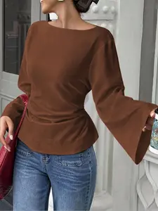 Women's Casual Long Sleeve Top, Pure Color Fashion Streetwear Design, Versatile Boat Neck Loose Fit Blouse for Daily Wear