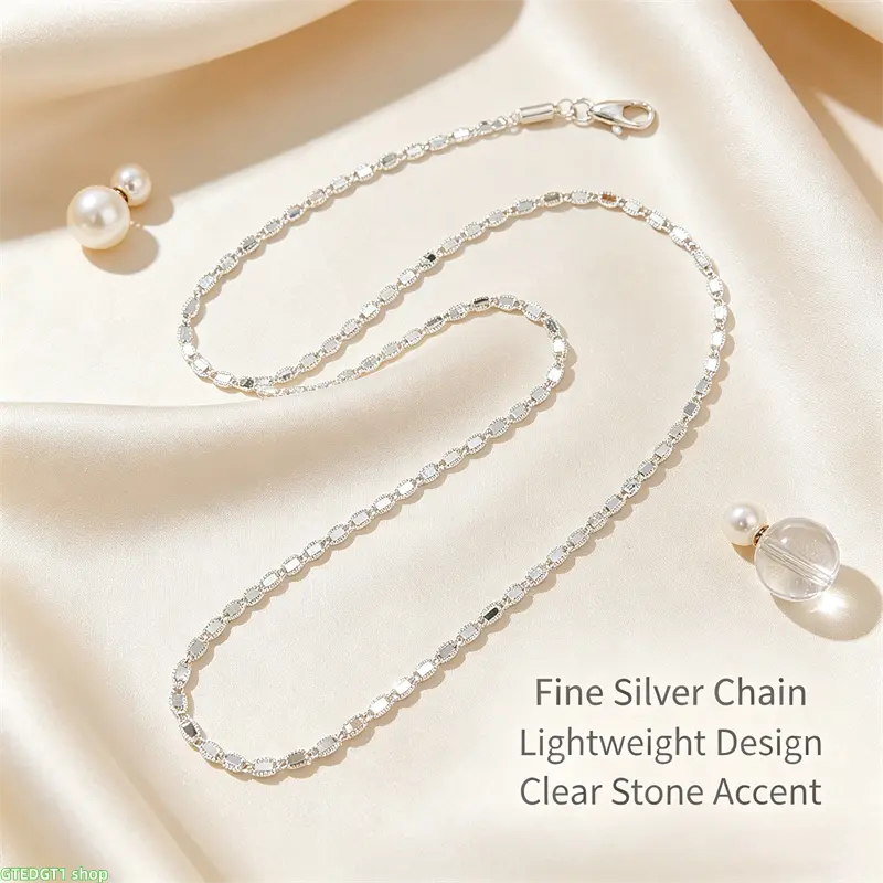 925 Sterling Silver Necklace, Minimalist Flat Sequined Chain (Unisex), Sparkling Accessory for Daily Wear and Parties, 60 cm / 23.6 inches, Simple Necklace