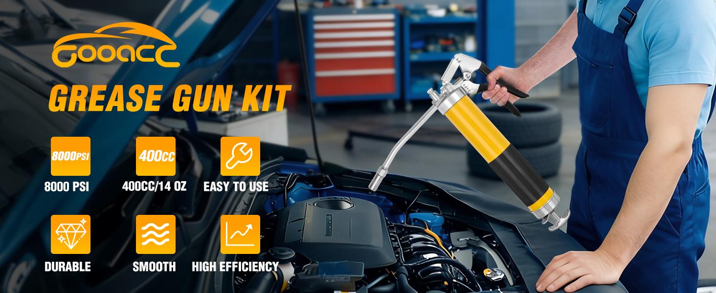GOOACC Grease Gun 8000 PSI Heavy Duty 14oz Pistol Grip Grease Gun Kit with 18" Spring Flex Hose Sharp Type Nozzle Normal Coupler Rigid Pipe Manual Grease Guns for Greasing Automotive Marine, Yellow