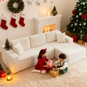 【2 Packages Shipping】L-Shaped Corduroy Modular Sectional Sofa Set with 2 ThrowPillows 3 Cushions, Chaise Lounge, No Assembly NeededMultiple Free Combinations boneless sectional couch forLiving room furniture or Bedroom Cloud