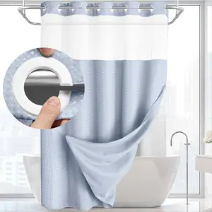 Waterproof Waffle Shower Curtain, No Hooks, Detachable Inner Lining, Transparent Top Window, Multiple Colors Available, Modern Bathroom Accessory
