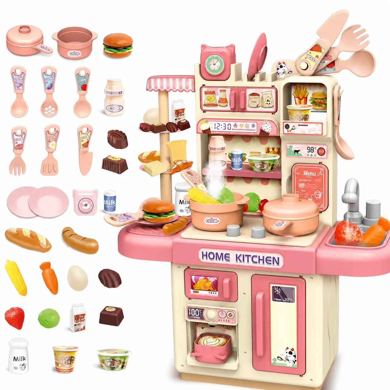 Kids Kitchen Playset with Running Water Sink, Pretend Play Cooking Toy Set with Play Food & Accessories, Educational Kitchen Toys for Girls Boys Ages 3-6