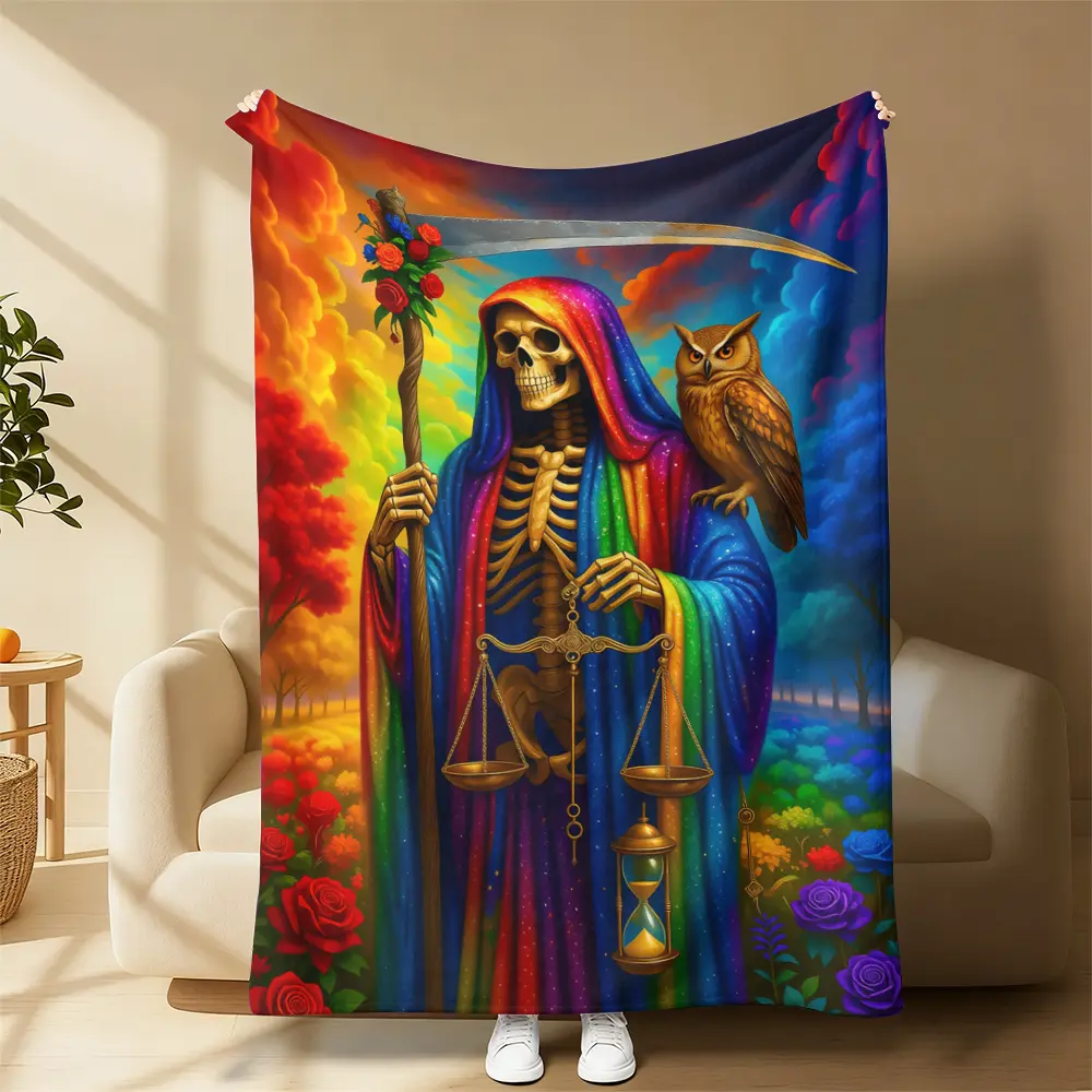 Santa Muerte Mixed-Color Breathable All-Seasons Soft Plush Throw Blanket - Colorful Bold Rainbow Robe Print, Santa Themed Blanket for Spiritual Decor, Meditation Spaces, Gifting