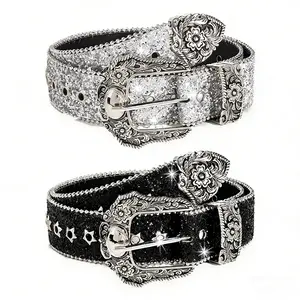 Punk Style Stylish Rhinestone Western Cowgirl Style Y2K Belt Sparking Pu Leather BB Belts Jeans Dress Accessories For Women, Rhinestone Men & Women Accessories for Daily Clothing Decor