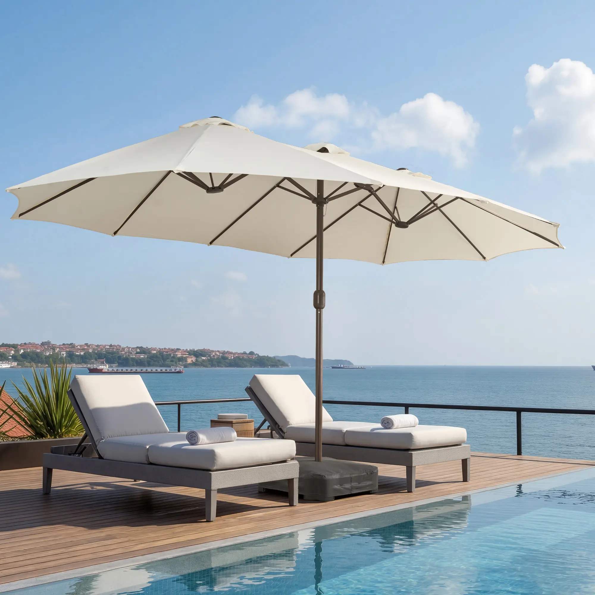ALLWEX 15 x 9FT Large Rectangular Patio Umbrella with Base, Classic Outdoor Market Umbrella with Easy Crank Handle, Waterproof UV Resistant Fade Resistant Canopy, Heavy Duty Wind Resistant Shade Umbrella for Patio, Pool, Garden & Backyard