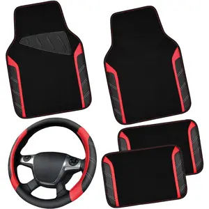 Leather Steering Wheel Cover & Waterproof Floor Mats Combo Set, Sporty Black-Red Car Interior Accessories, Anti-Slip, Easy-Clean, Easy-Install, Universal Fit for 95% Sedans, SUVs, Trucks, 14.5-15in Automotive Accessory, Truck