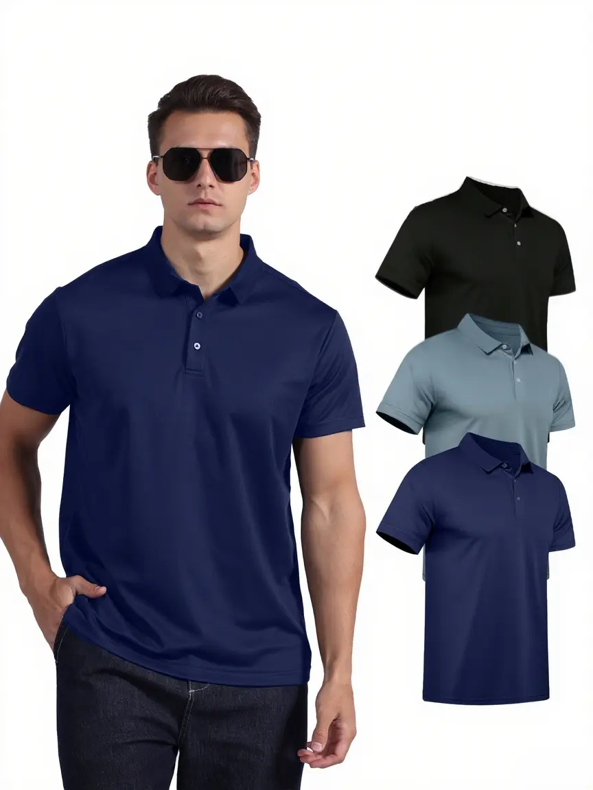 Men's 3-Pack Quick-Dry Short Sleeve Athletic Performance Polo Shirt, Athletic Fitness Clothes for Golf, Golf Polo, Athletic Apparel