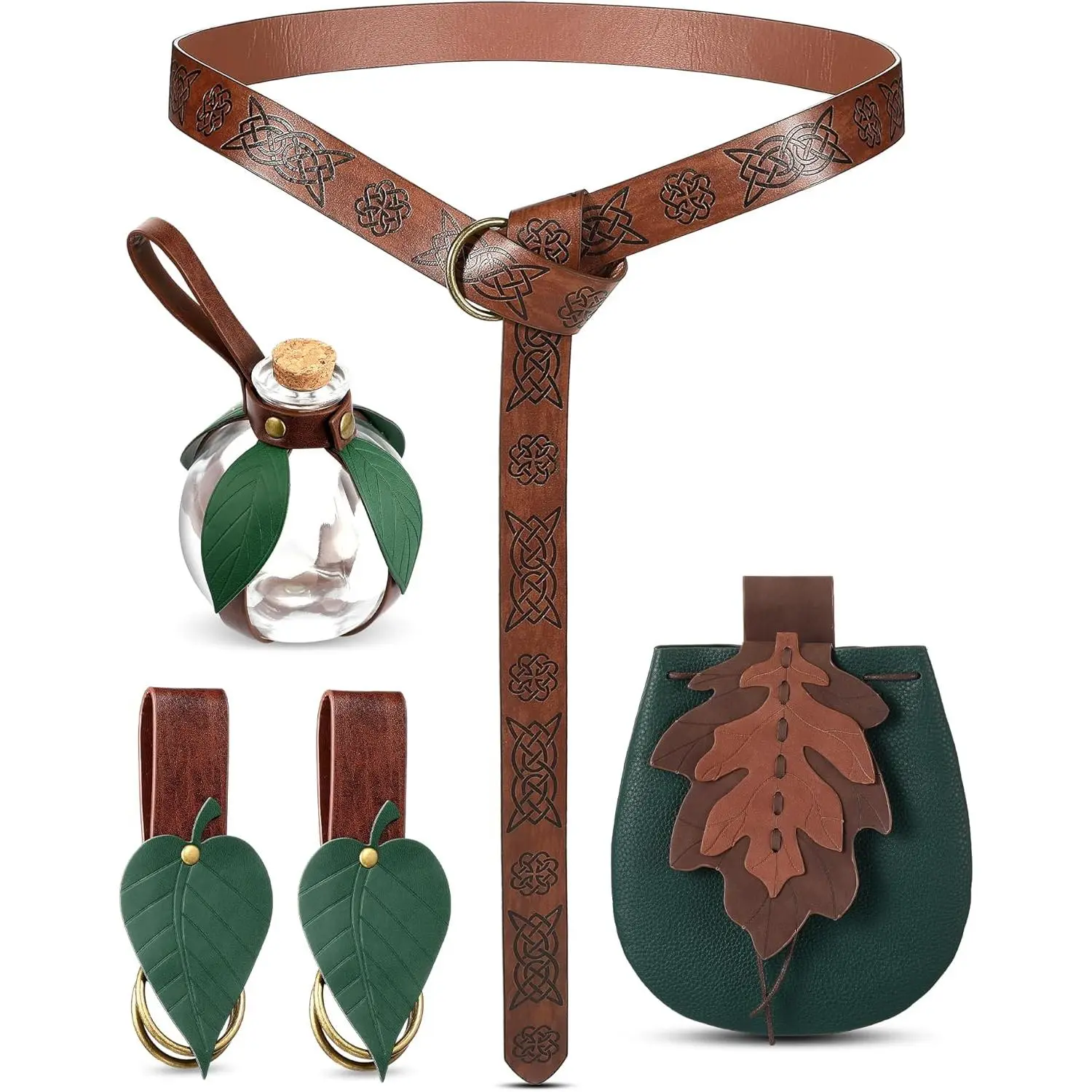 Women's Medieval Accessory Set, 6-Piece Vintage Leather Statement Belt with Potion Bottles, Leaf Pouch & Skirt Hikes, Statement Belts, Stylish Belts