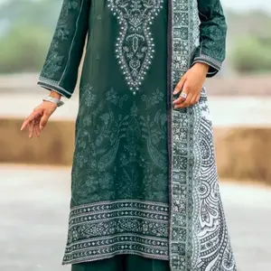 Emerald Green Embroidered Kameez with White Printed Shawl - Casual Women's Outfit for Elegant Style - Womenswear