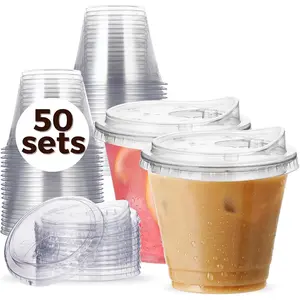 24 oz Clear Plastic Cups with Strawless-Sip-Lids, 50 Sets Disposable Cups Plastic Iced Coffee Cups, To Go Cups with Sip Through Lids for Smoothie, Milkshake, Cold Drinks for Party, Wedding, Event