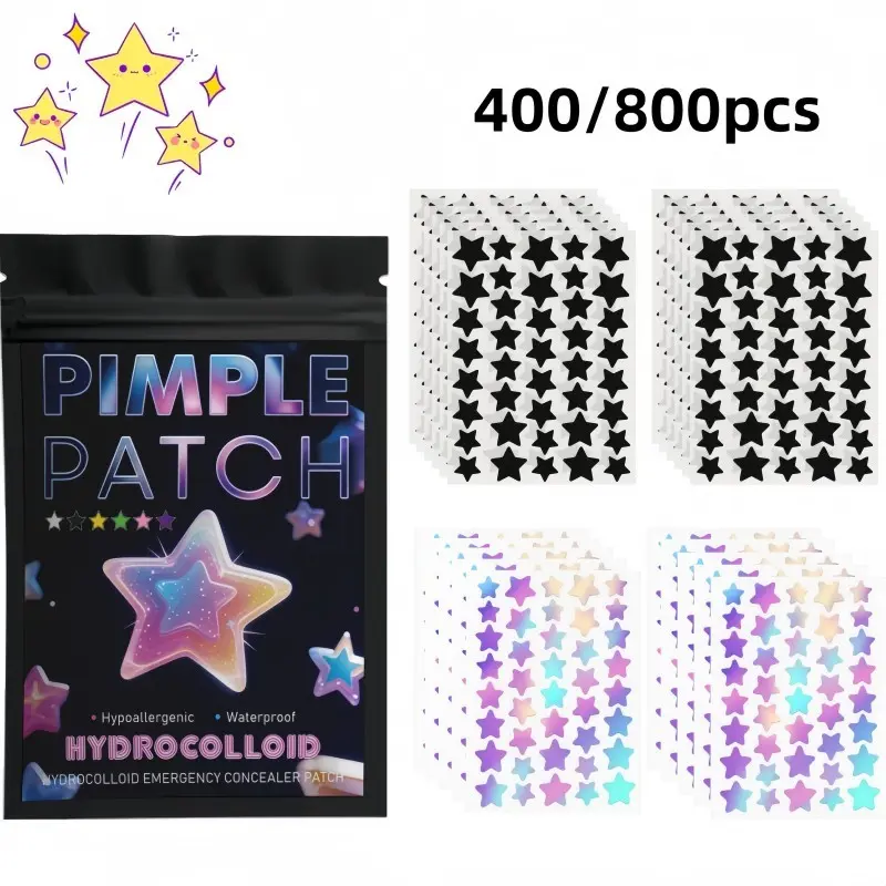 400/800pcs Black Star & Bright Color Star Hydrocolloid Acne Patches Set, Spot Cover with Salicylic Acid, Tea Tree & Calendula Extracts, Blemish Care, Acne Spot Treatment, Ultra-Thin & Breathable, Multi-Size, Suitable for All Skin Types, Day & Night Use