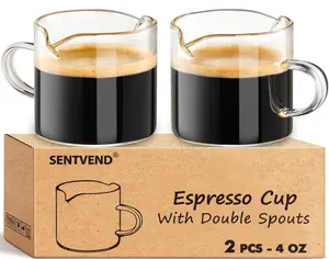 Espresso Cups Set of 2, 4 Oz Espresso Shot Glass with Handle Double Spout Cups Clear Glass Milk Cup Coffee Accessories Great for Making Coffee Desserts Salad Dressing