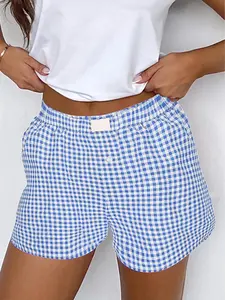 Women's High Waisted Gingham Shorts Casual Elastic Waist Lounge Boxer Shorts Plaid Summer Pajama Bottoms