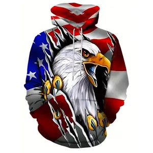 [Trendy Flag Hoodie] Trendy Plus-Size Men's Hoodie |   Unique 3D Digital Print National Flag & Eagle Pattern Sweatshirt