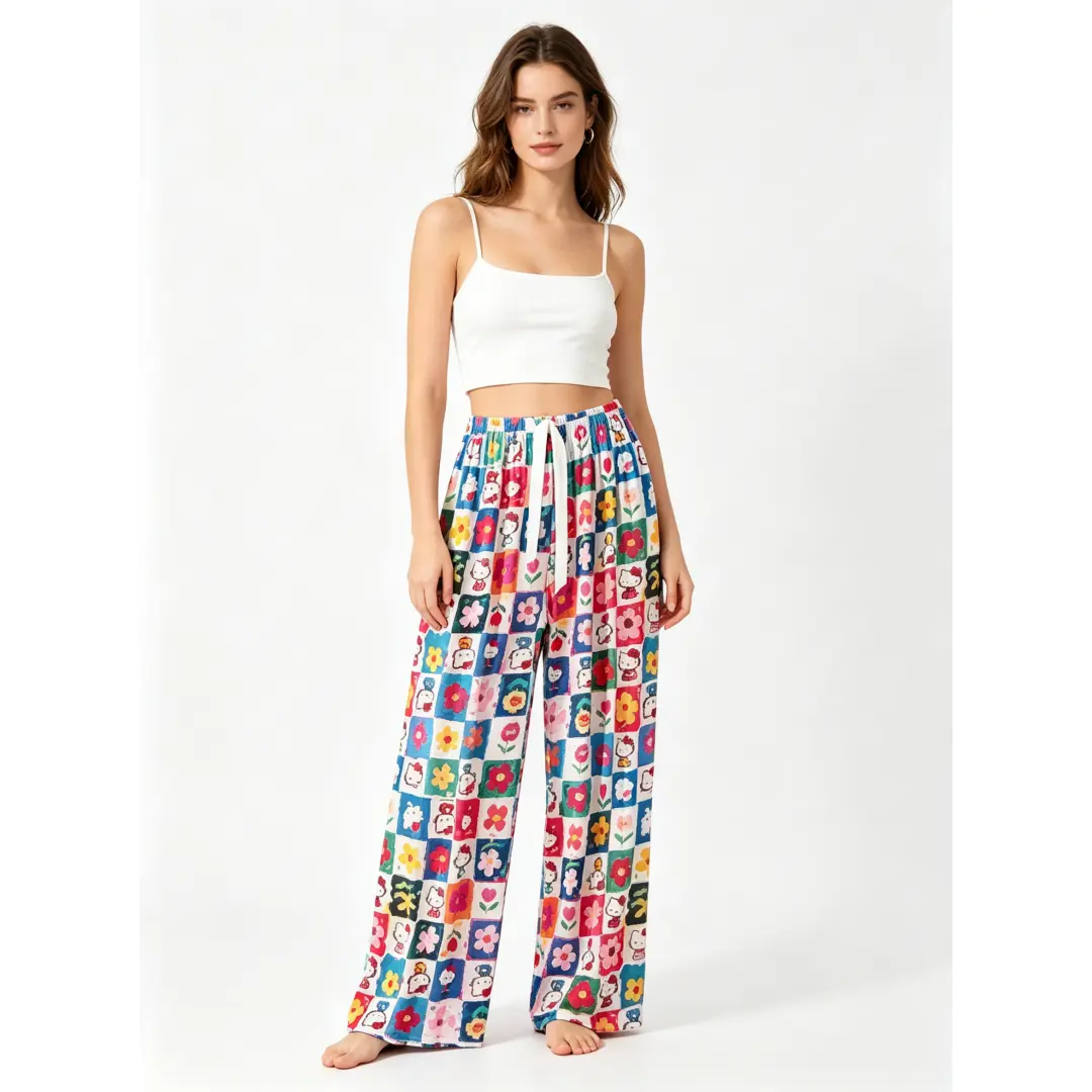 Sanrio Hello Kitty Casual Pants, cute cartoon print, elastic drawstring waist, handy side pockets, soft stretch fabric, loose comfy fit, great for daily wear, errands and home lounging, sweet gift for girls and women.
