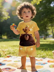 Adorable Beaver Reversible Print Baby Short Sleeve Set, Casual Toddler Clothing, Perfect Gift for Infants, 100% Polyester