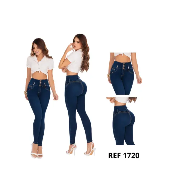 Colombian jeans from the Carisma brand with a high waist and four buttons, a push-up effect that enhances the buttocks, a fitted cut with tummy control, and an elegant silhouette that accentuates curves. Beautiful Original Womenswear Denim Bottom jeans
