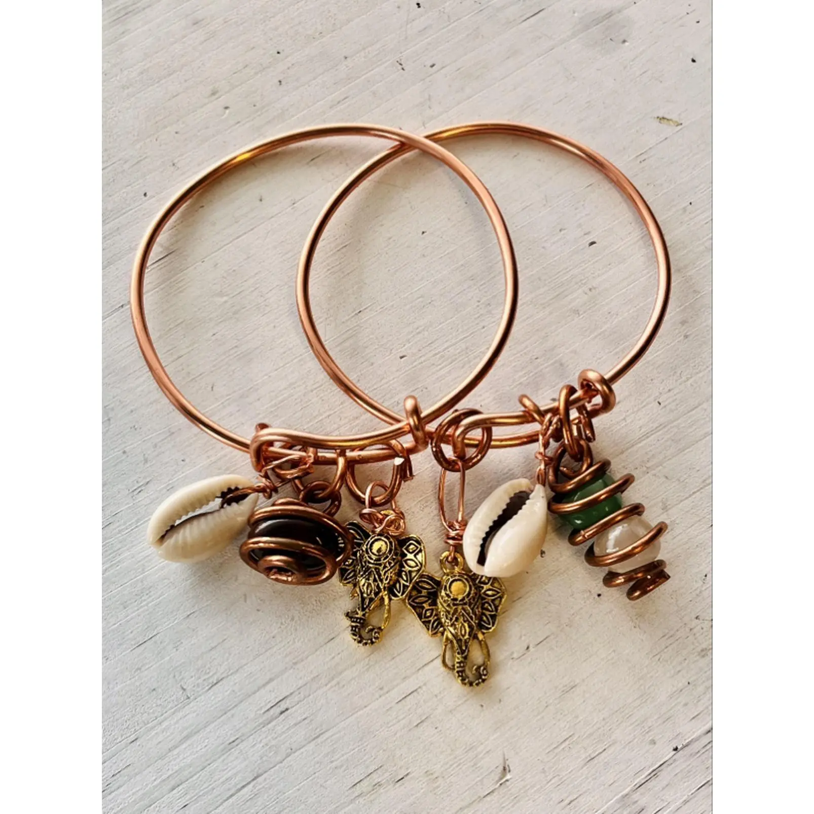 Handmade Pure Copper Adjustable Charm Bracelet with Assorted Dangling Crystal Gold Elephant & Cowrie Shell