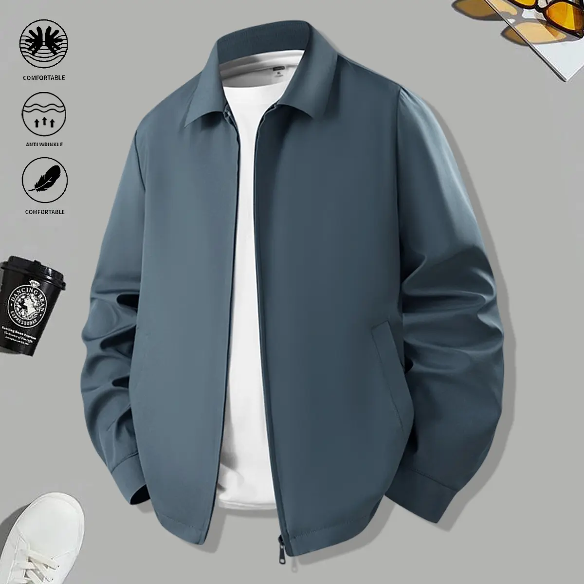 Men’s multifunctional casual jacket with zipper closure and side pockets, minimalist solid color design—an ideal choice for outdoor activities; men’s outerwear.