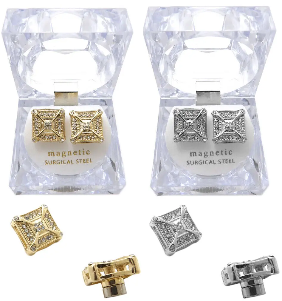 MaxBling81 Unisex Iced Square Magnetic Earrings - Hip-Hop Style Gold & Silver Plated Cubic Zirconia Studs, Artificial Zirconia Earrings, Cubic Zirconia Stones