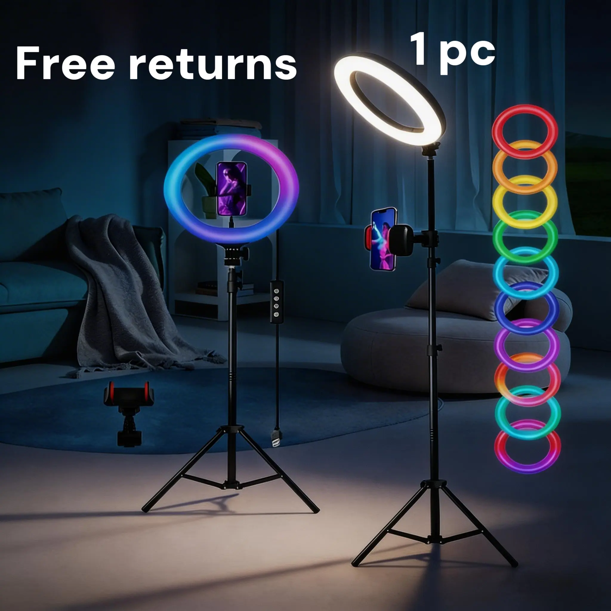12-Inch RGB Ring Light with 1.6m Phone Tripod Stand, Phone Mount & USB-Powered LED Light, Dimmable Multi-Color Camera Ring Stand Holders & Mounts for Content Creators (Music Sync, Adjustable Brightness)