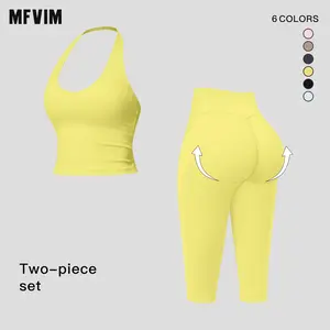 MFVIM Women’s halter V-neck yoga set — high-waisted, thigh-lifting fitness leggings; seamless, quick-dry running two-piece set with a second-skin feel