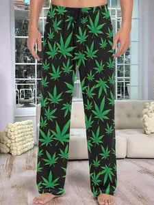 Men's Marijuana Leaf Print Elastic Waist Lounge Pants, Casual Comfy Trousers for Daily Home Wear, Men's Sleepwear & Loungewear for All Seasons