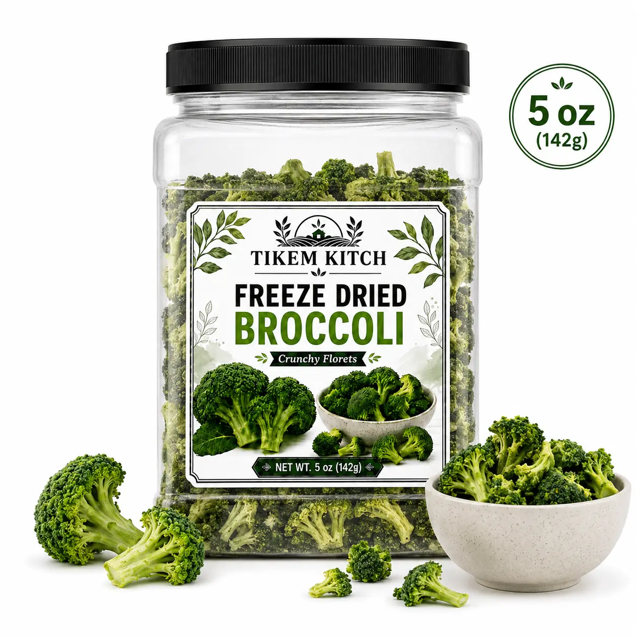5 oz (142g) Freeze Dried Broccoli Bites, Crispy Vegetable Florets & Pieces for Soups, Ramen, Pasta, Salads and Rice Bowls, Convenient Pantry Veggie, Ready to Eat or Cook