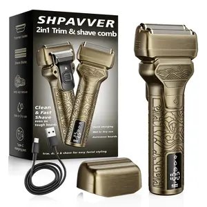 [TikTokShopStockUp]SHPAVVER Gladiator Shaver 2 in 1 Electric Shaver & Trimmer for Men – Dual Blade Foil Razor for Wet & Dry Use IPX7 Waterproof Beard Trimmer with LED Display/Metal Handle/Travel Lock/Fast Charging,