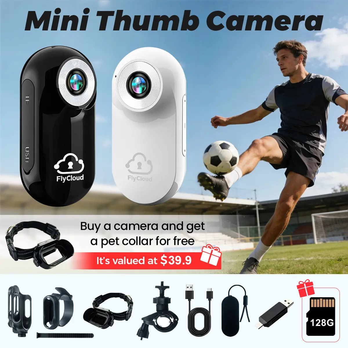 flycloud A100 Mini Magnetic Thumb Vlogging Camera - 1080P HD Recorder Video Camcorder with LCD Display, 128GB Micro SD Support, USB Port, Vertical/Horizontal Shooting, Full Accessories for Outdoor Adventure, Pet View