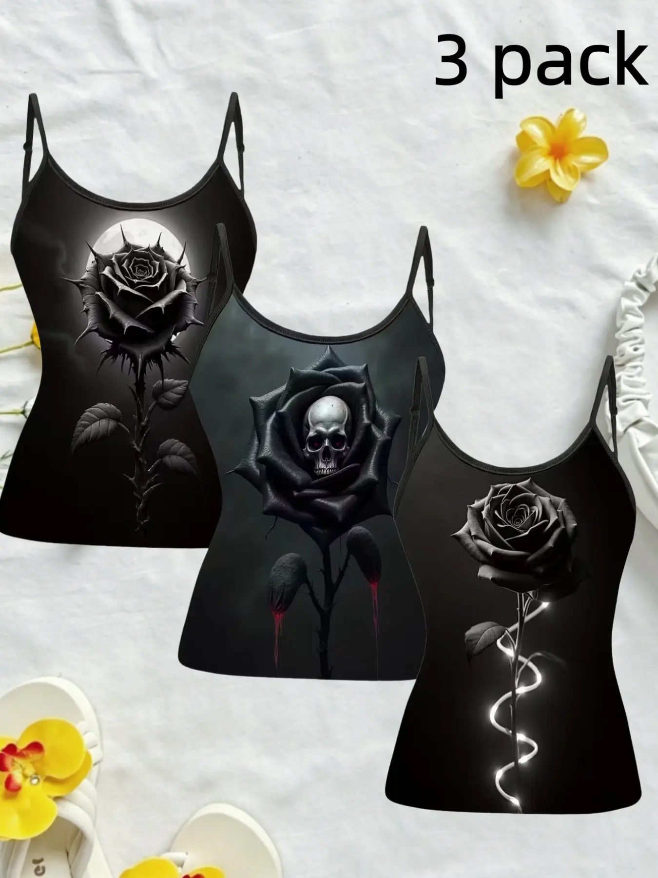 Plus Size Women's Digital Print Strappy Spaghetti Strap Top Set, Gothic Y2K Style Rose Skull Tank Tops, Casual Summer Tops Trendy Sleeveless Slim-Fitting All-Over Print