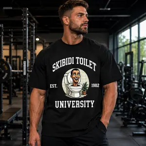 Menswear Classic Loose Tshirt - Skibidi Toilet University Graphic, Funny Meme, White Oversized Short-Sleeve Casual Streetwear Cargo Top for Men