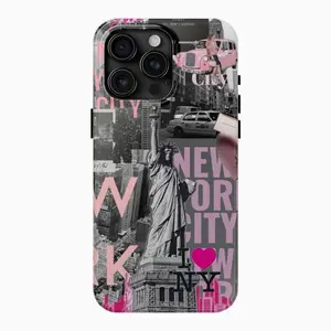 Urban Blush New York Edition Tough Phone Case Pink & Gray NYC Tough Case for iPhone 17 16 15 14 13 12 11 Pro Max 8 Plus X Samsung Galaxy S24 S23 S22 Polycarbonate TPU Impact Resistant Shock Dispersion Glossy Finish
