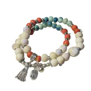 Handmade Ceramic Double-Band Cloud Mountain Meditation Beaded Bracelet Stack, Collectible Cultural Pottery Accessory