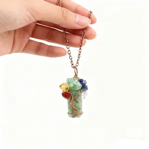 Natural 7 Chakra Stone Life Tree Pendant Necklace Reiki Healing Crystal Tumbled Stones Necklace Women Jewelry for Good Luck, Meditation, Protection, Energy Balancing, Gift