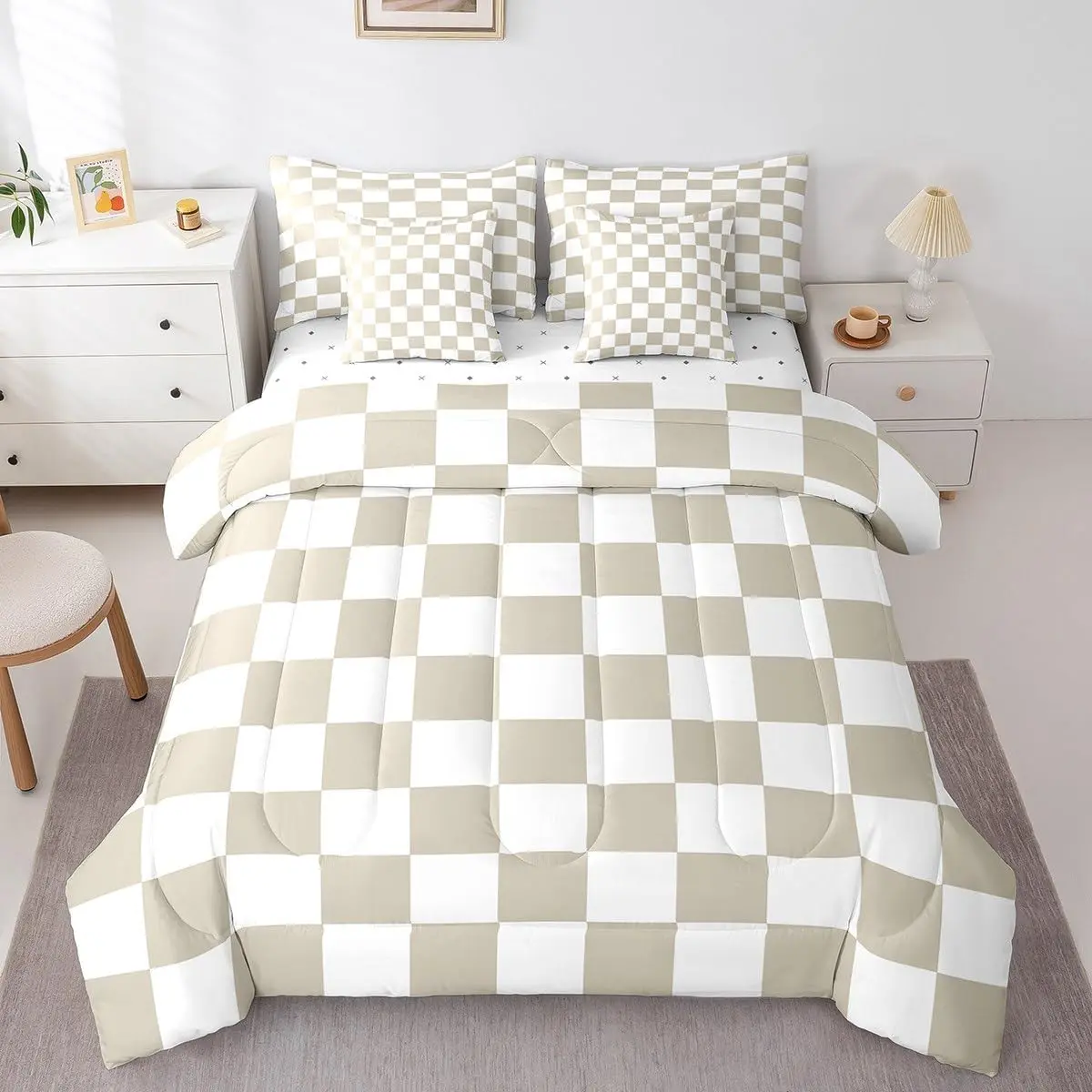 Feelyou 7-Piece Beige Plaid Checkered Bedding Set - Retro Geometric Bed-in-A-Bag Comforter Set with Sheets, for Teens, Bed Comforter Set