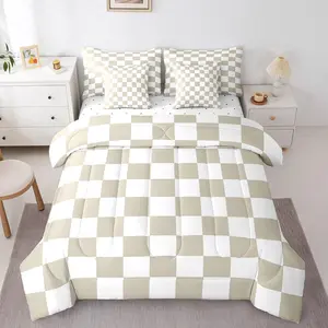 Checkered 7 Piece Bedding Set,Teen Women Men Beige Plaid Comforter Set with Sheets,Boys Cute Retro Neutral Checkerboard Geometric Bed in A Bag