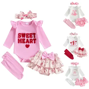 4 Pcs Toddler Baby Girl Valentine's Day Outfit Letter Embroidery Print Romper Tiered Pp Shorts Leg Warmers And Headband Toddling Christmas Checkered Bow Dress Headband Socks Sets