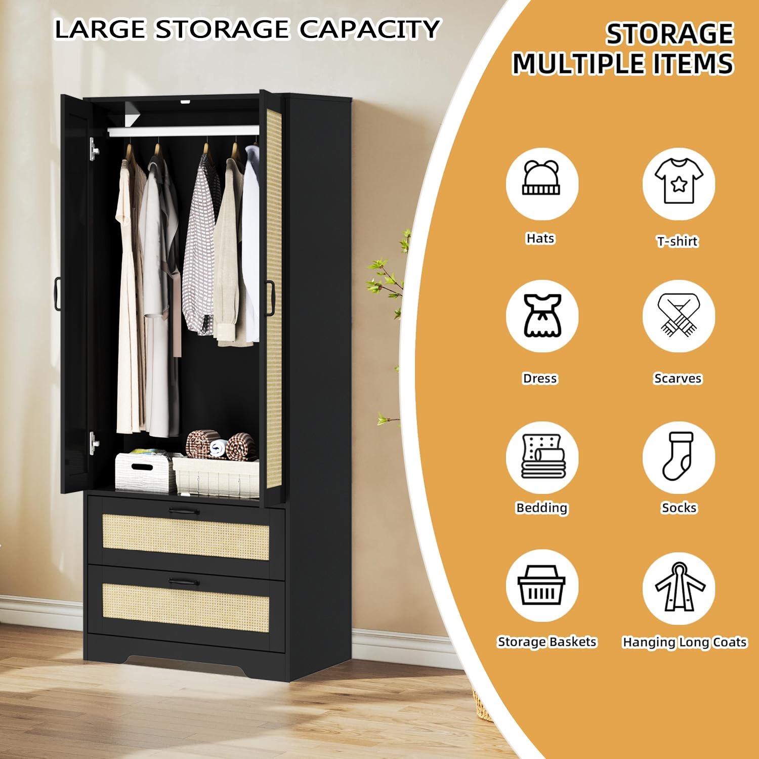 Wooden Wardrobes With Hanging Rods Freestanding Modern Clothing Storage Cabinets With 2 Rattan Doors & Drawers In Black White Natural Colors For Bedroom Living Room Laundry Cloakroom