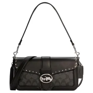 COACH Georgie 26 Classic Monogram Nailhead-Embellished Coach Horse-and-Carriage Logo Coated Canvas Crossbody Satchel for Women, Black
