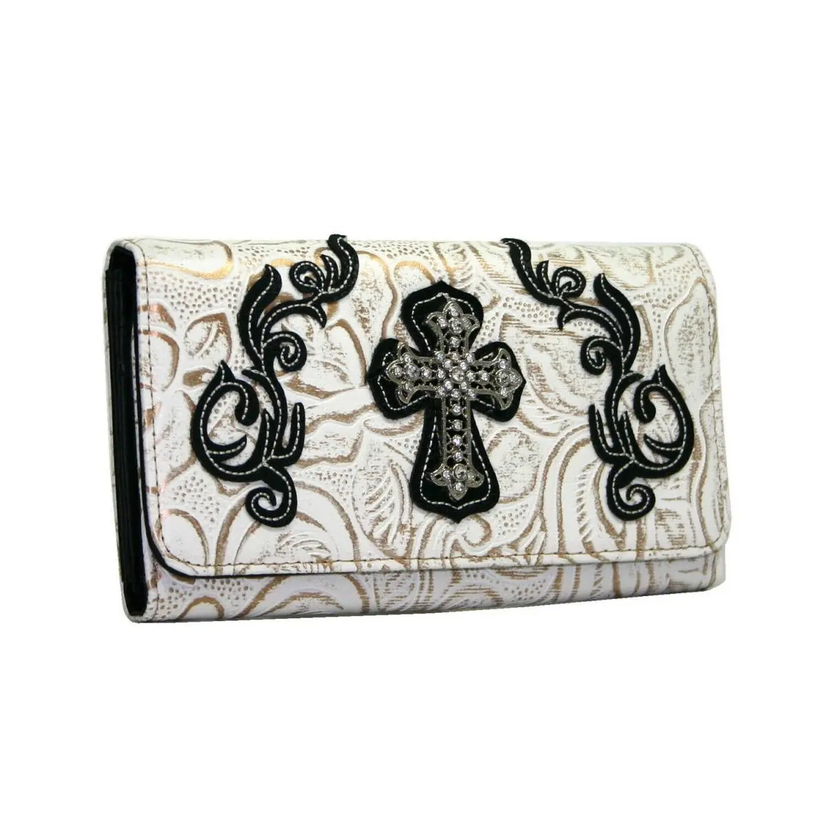 RITZ Men's Western Trifold Credit Card Organizer with Rhinestone Cross, Black Trim, 12 Card Slots, and Magnetic Closure, Rhinestones