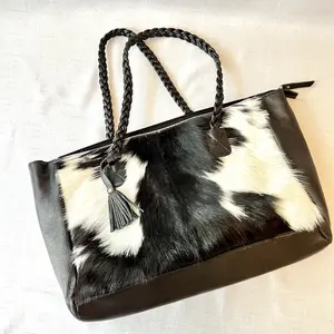 Genuine Cowhide and Leather Tote Bag - Premium Handbag, Versatile Spacious Durable Everyday Purse, Unique Purse, Laptop Bag, Weekend Bag